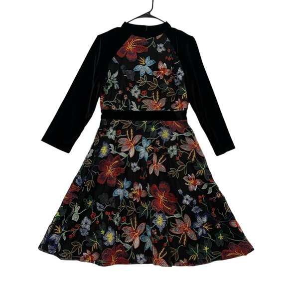 Unbranded Dresses & Skirts - Dress Women’s Velvet Black Floral Embroidery Size Large Long Sleeves Lined Zip
